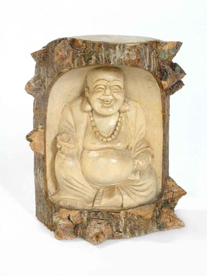 Wooden Chinese Buddha in tree trunk