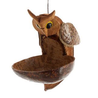 Owl bird feeder with black and white eyes