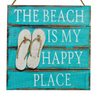 The beach is my happy place' sign with flipflop