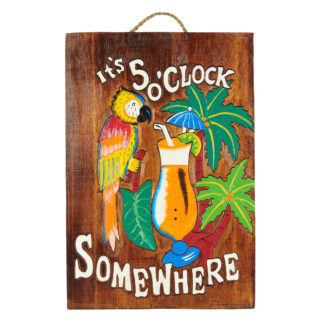 'It's five o'clock somewhere' sign with drinking parrot and palm trees