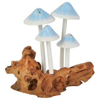 Four triangular top painted mushrooms on root