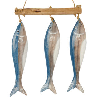 Three painted hanging fish wall art