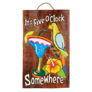 'It's five o'clock somewhere' sign with drinking parrot and hibiscus