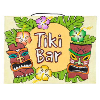 Square 'Tiki bar' sign with masks and kamboja flowers