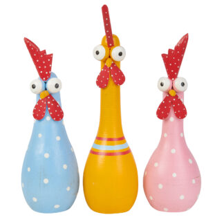 Three skittle painted cartoon chickens