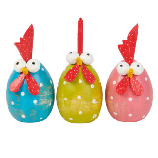 Three round painted cartoon chickens - size