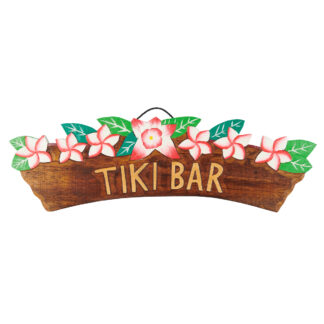 Arched 'Tiki bar' sign with kamboja flowers on top