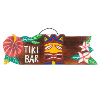 Horizontal 'Tiki bar' sign with mask, hibiscus and kamboja flowers