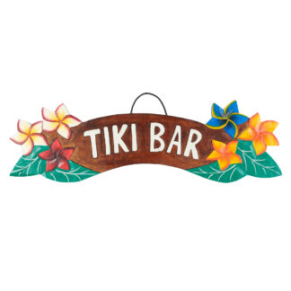 Arched 'Tiki bar' sign with kamboja flowers at ends
