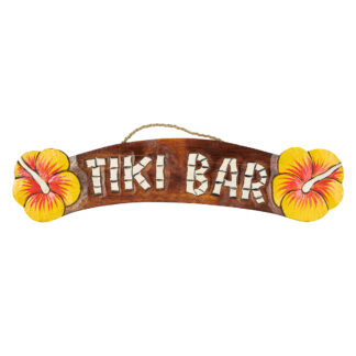 'Tiki bar' sign with hibiscus flowers