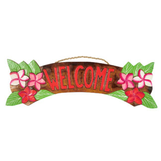 Curved 'Welcome' sign with kamboja flowers