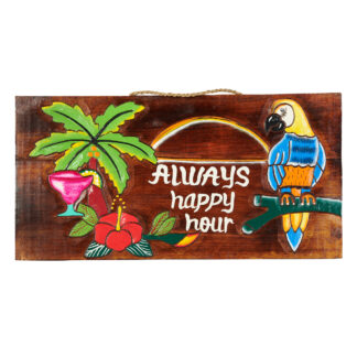 'Always happy hour' sign with parrot and rainbow