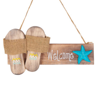 'Welcome' sign with sandals