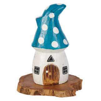 Painted mushroom house with blue roof