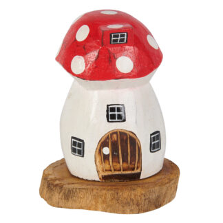 Painted mushroom house with red roof