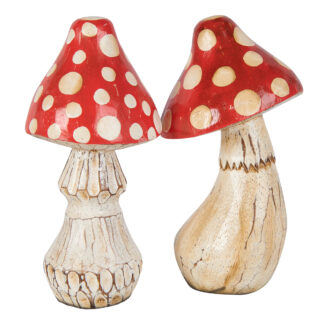 Red with white spots painted mushrooms