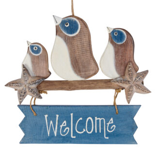 'Welcome' sign with penguins
