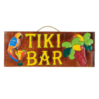'Tiki bar' sign with parrot and palm trees