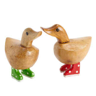 Bamboo root sitting duck with multicoloured wellies
