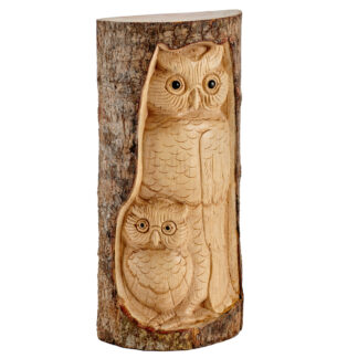 Natural wood owl with owlet in tree trunk (30cm)