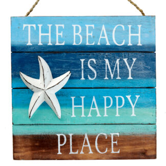 'The beach is my happy place' sign with starfish