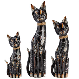 Painted cat family, black with stone inlay - med.