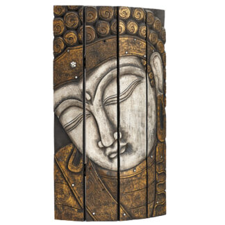 Wooden painted Buddha's head room divider - me.