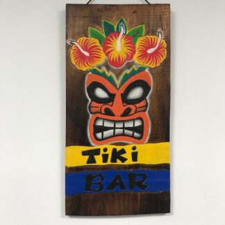 'Tiki bar' sign with hibiscus on head