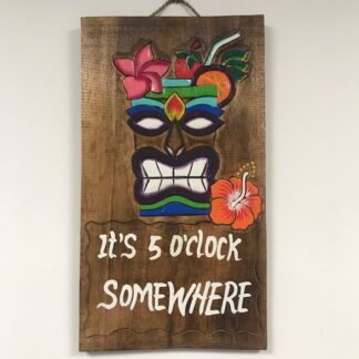 'It's five o'clock somewhere' sign with mask and drinks