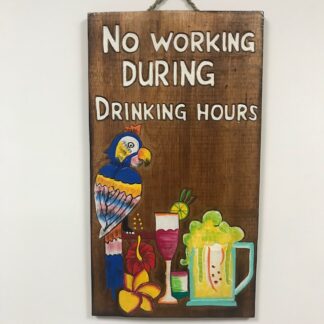 'No working during drinking hours' sign with parrot and drinks and flowers