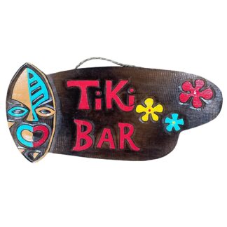 'Tiki bar' sign with mask and flowers