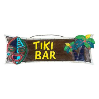 'Tiki bar' sign with mask and palm trees