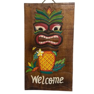 'Welcome' sign with mask and pineapple