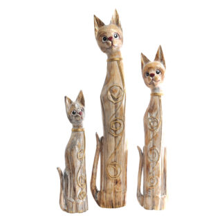 Painted cat family, beige with rattan - large