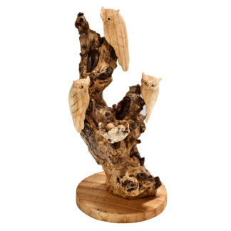 Three owls on tree root (13 & 10cm)