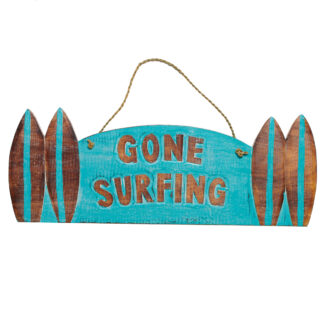 Gone surfing sign with four surfboards