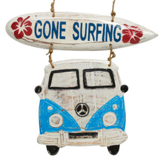 'Gone surfing' campervan and surfboard sign