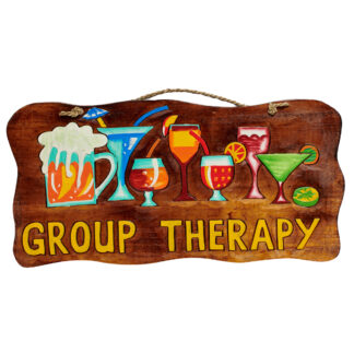 'Group therapy' sign with drinks and flowers