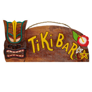 'Tiki bar' sign with mask and flowers