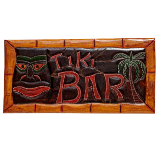 'Tiki bar' sign with mask and bamboo style frame