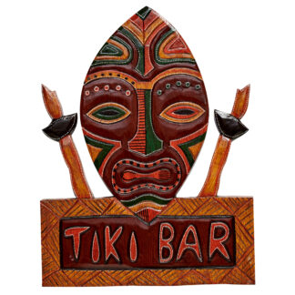 'Tiki bar' sign with mask and swords