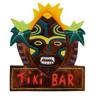 'Tiki bar' sign with mask and palm trees