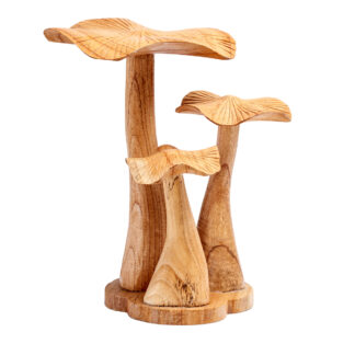 Natural wood set of three mushrooms on stand