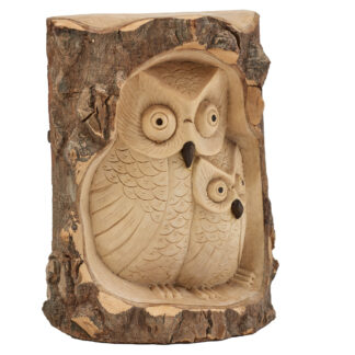 Natural wood owl with owlet at side in tree trunk