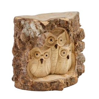 Natural wood owl & owlet either side in tree trunk
