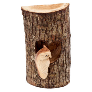 Natural wood owl in heart in tree trunk