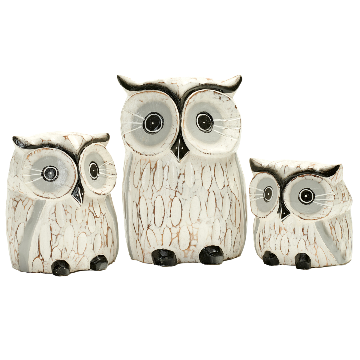 Family of three cartoon owls with etched feathers - Java Art