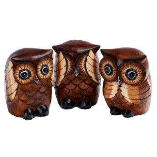 Family of three cartoon owls; see no evil, hear..