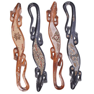 Painted gecko wall art with stone and shell inlay