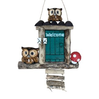 'Welcome' front door sign with owls and mushroom